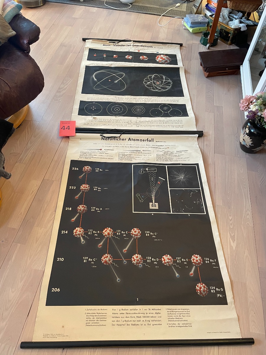 2 Skolekort med atom-modeller, tyske 