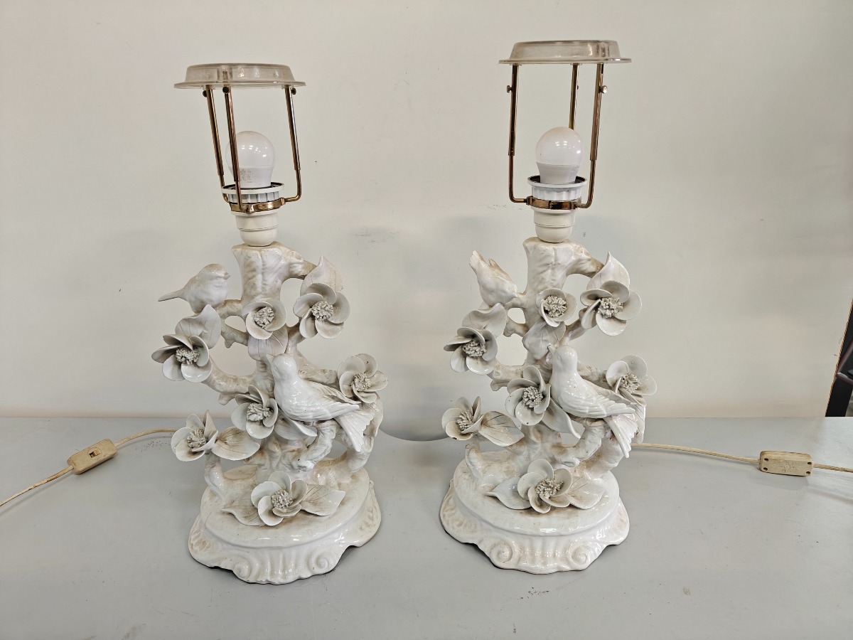 2 bordlamper i form af gren med fugle og blomster