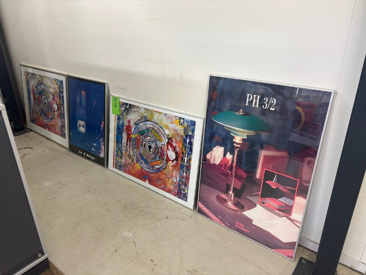 4 stk. indrammede plakater / kunsttryk – herunder PH 3/2 Louis Poulsen