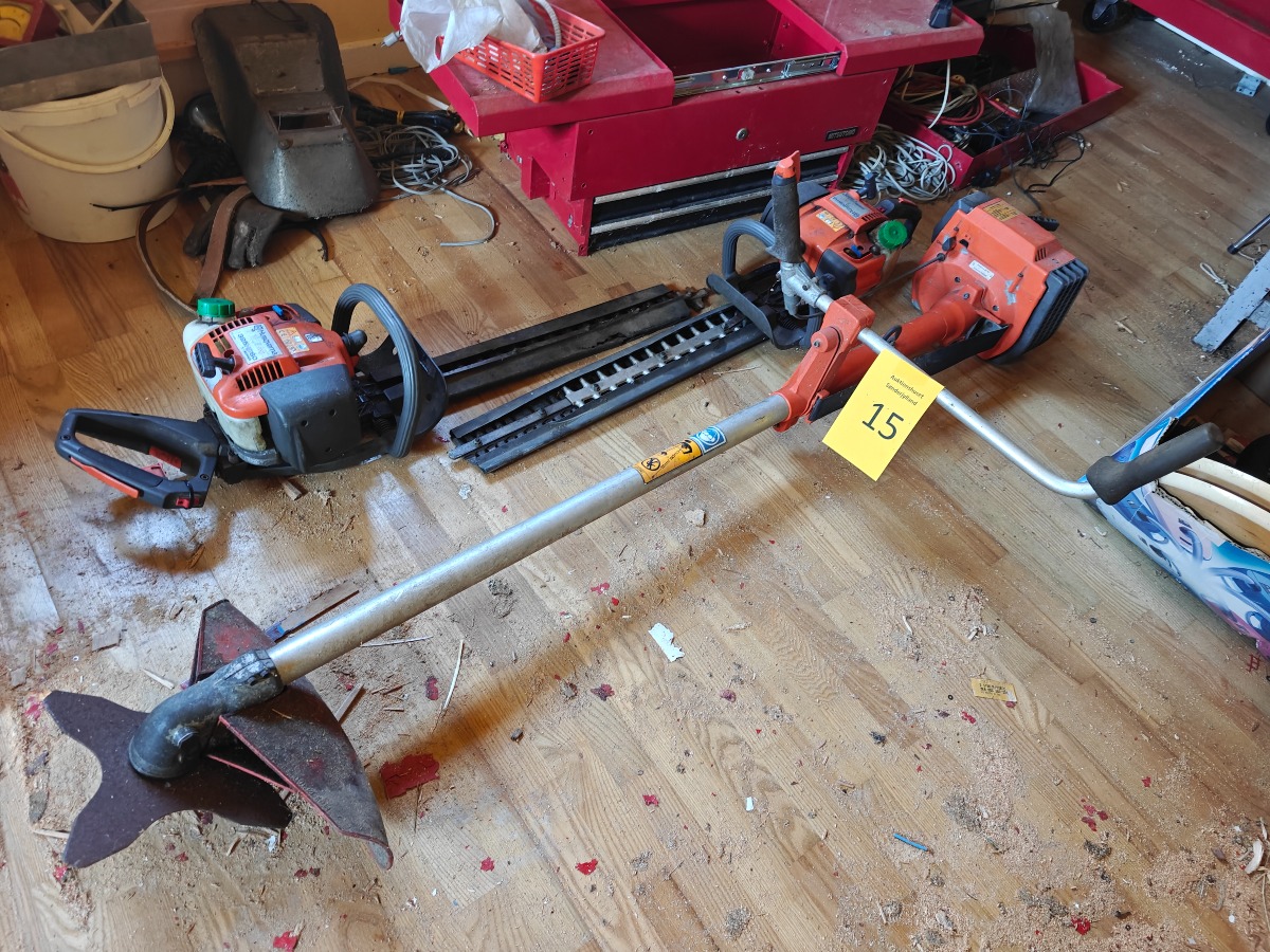 Buskrydder og 2 hækkeklippere. Mrk: Husqvarna. 