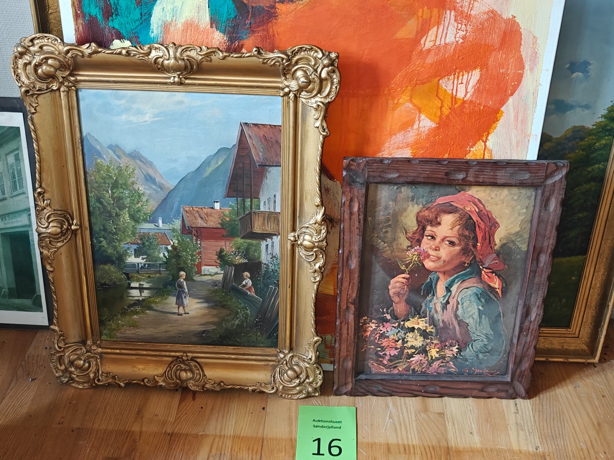 Reproduktion af maleriet 'Dziewczynka z kwiatami' (Pige med blomster) af kunstneren Giovanni Madonini og maleri af Kiellau i guldfarvet ramme. 