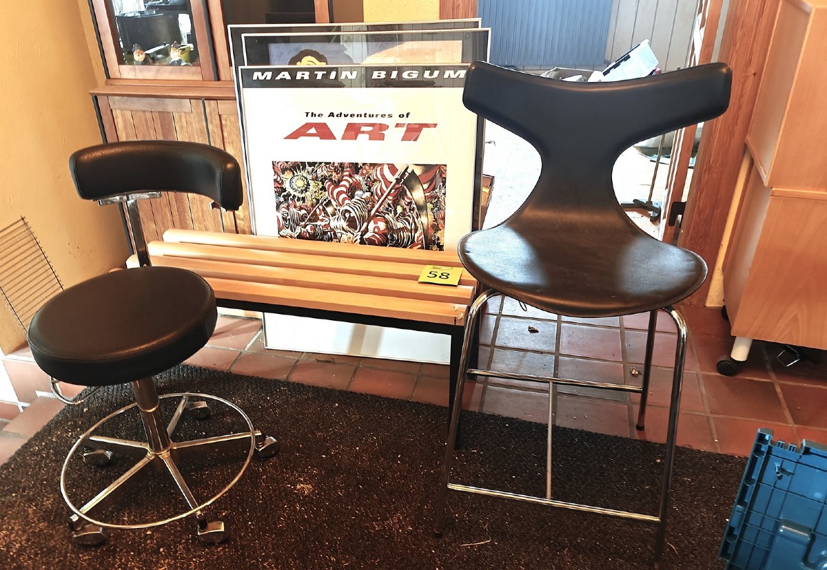 Bænk, barstol, 2 kommoder & 3 billeder i rammer