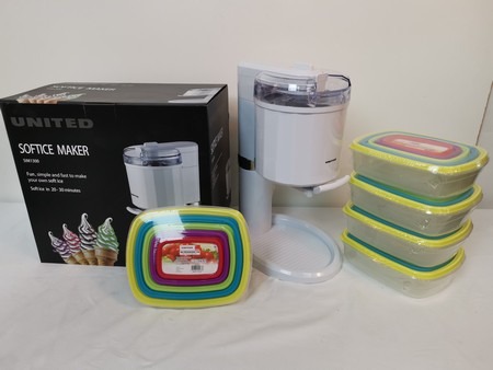 Soft ice maskine og 5 pk plastopbevaringsbokse