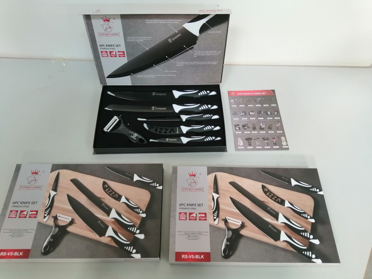 Knivsæt med 6 dele, 3 sæt i hvid og sort