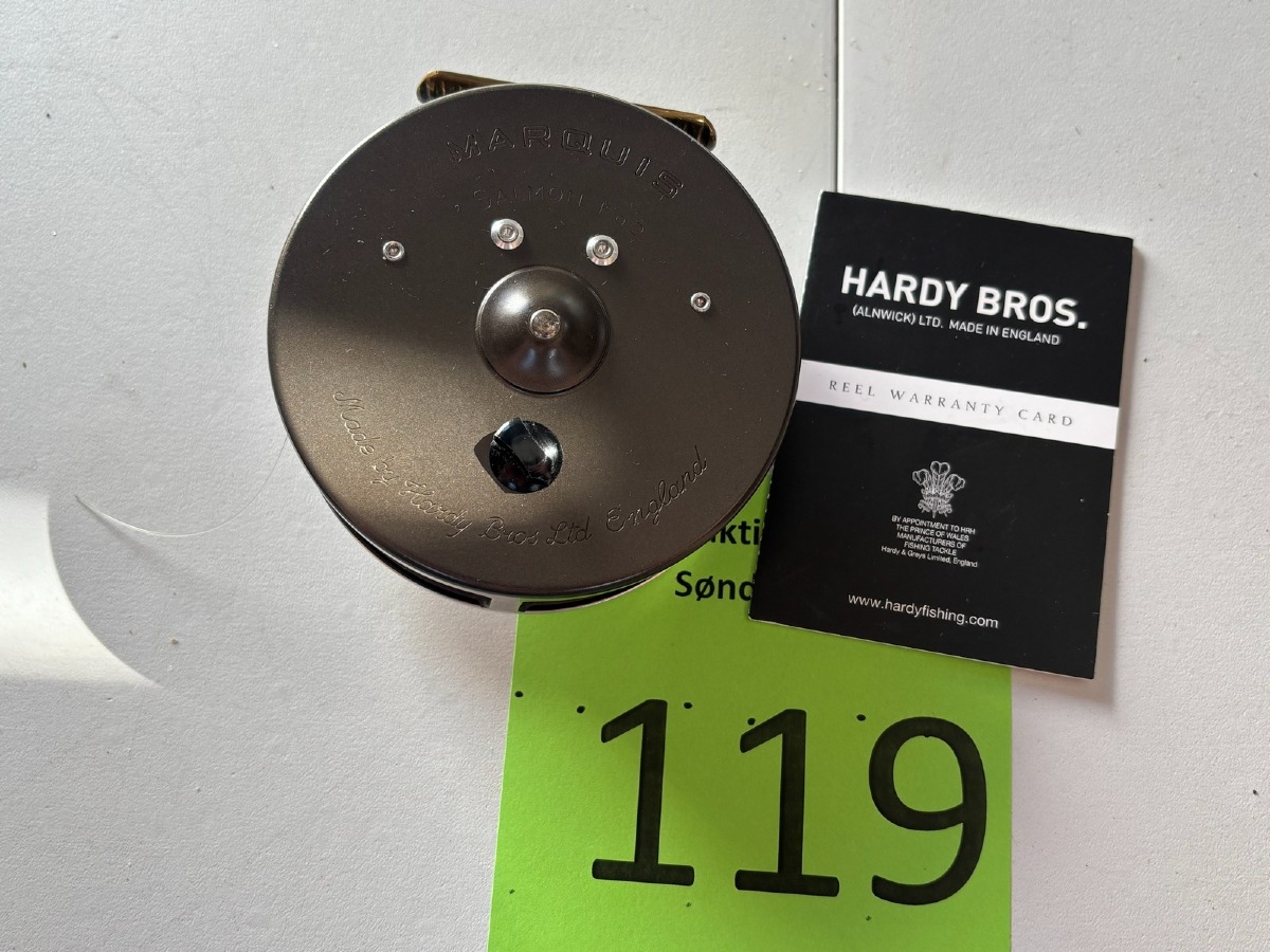 Hardy Marquis Salmon No. 2 fluehjul med line og papirer.