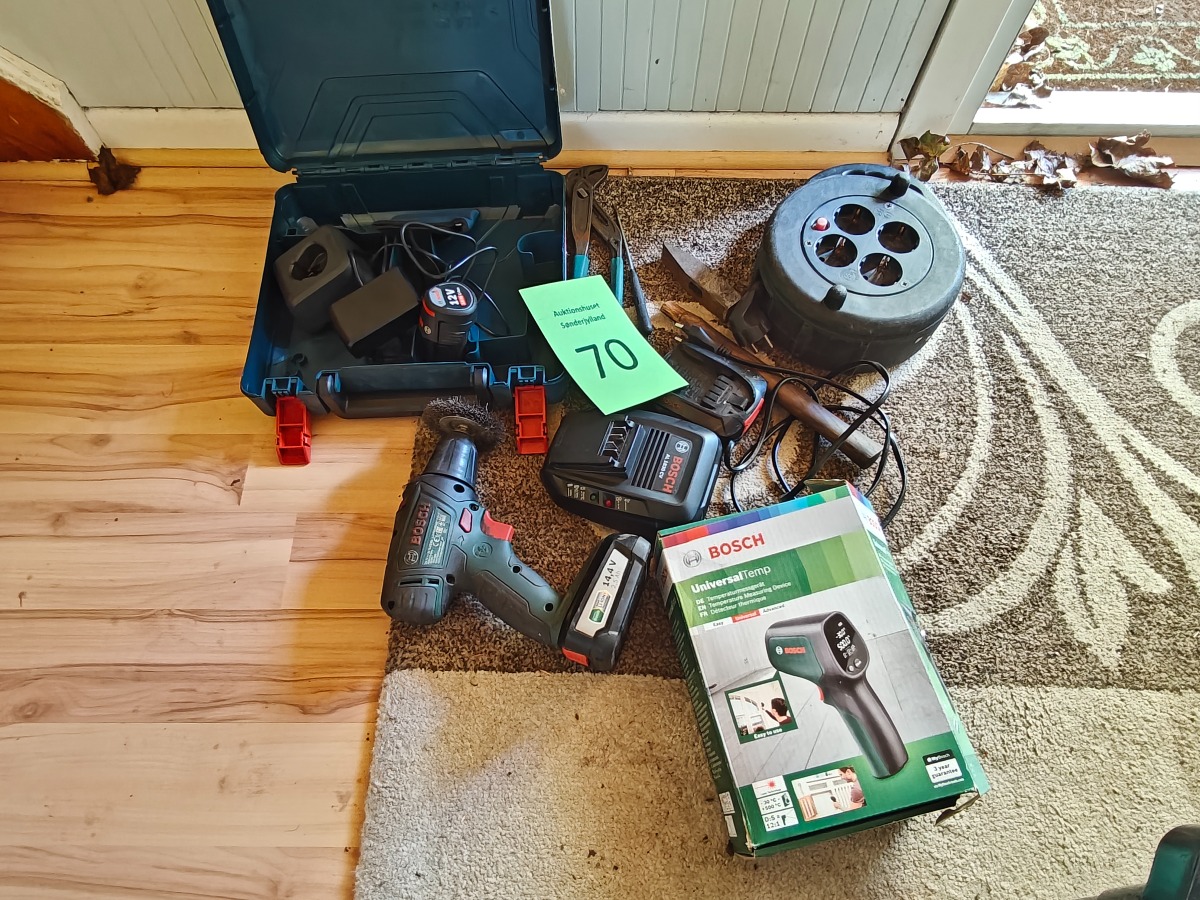Bosch boreskruemaskine, termometer & kabeltromle 