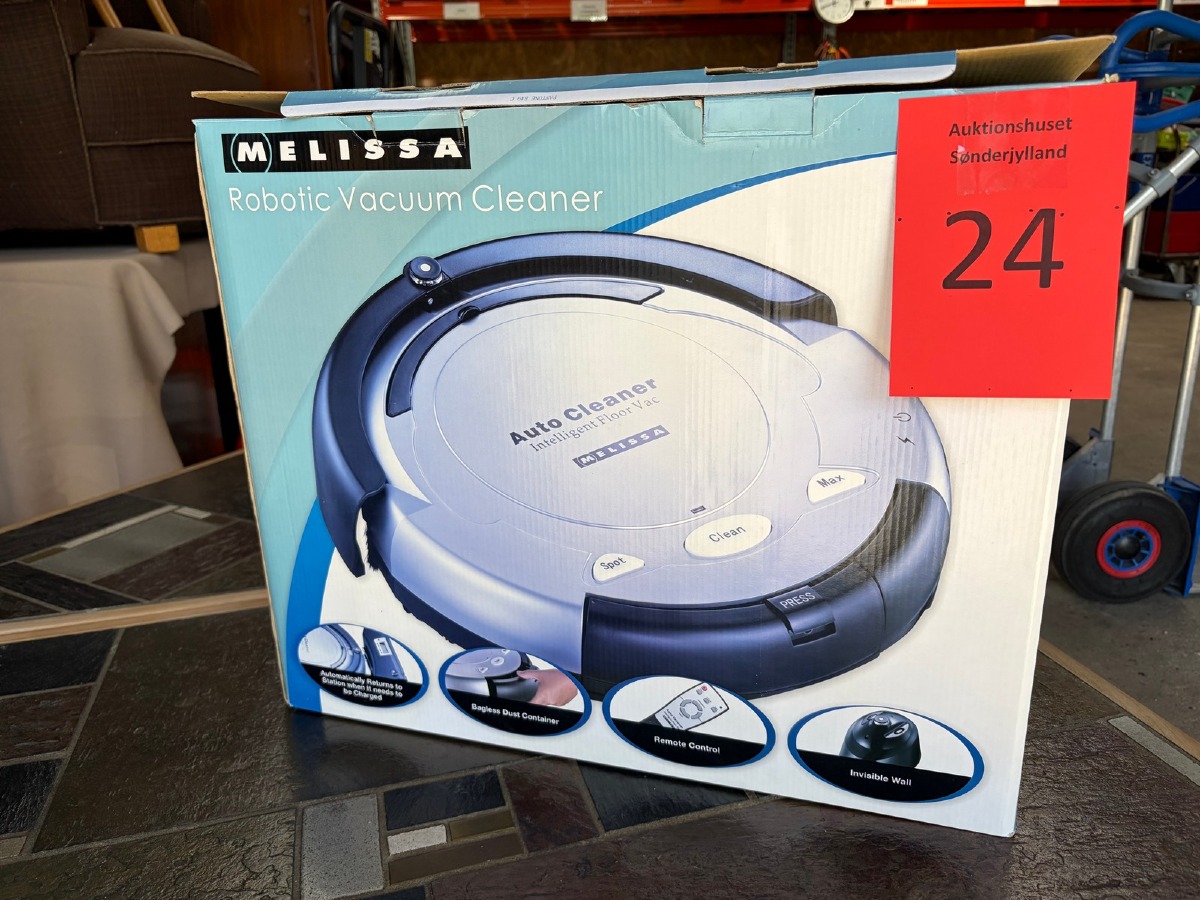 Melissa robotstøvsuger med ladestation, fjernbetjening og manual i original emballage