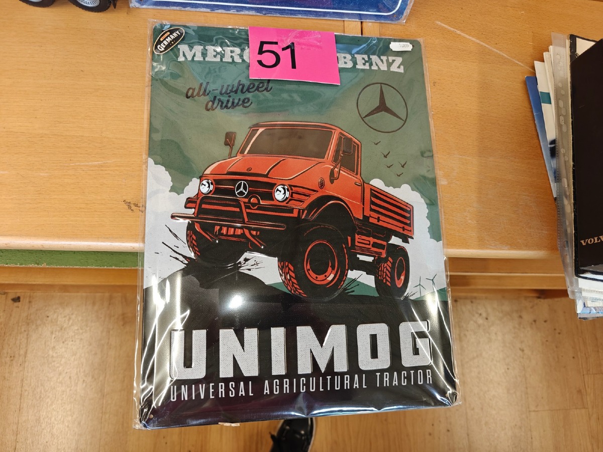 Metalskilt: Mercedes Benz Unimog. Ubrugt.