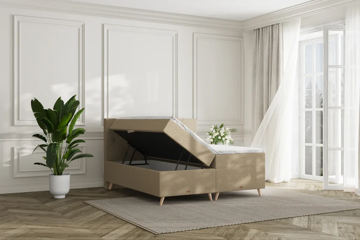 SÖVNN Thea Boxseng Med Opbevaring - 160x200 – Sand, med Topmadras, Sengegavl, sengeben, rullemadras & 2 stk. puder (9006)