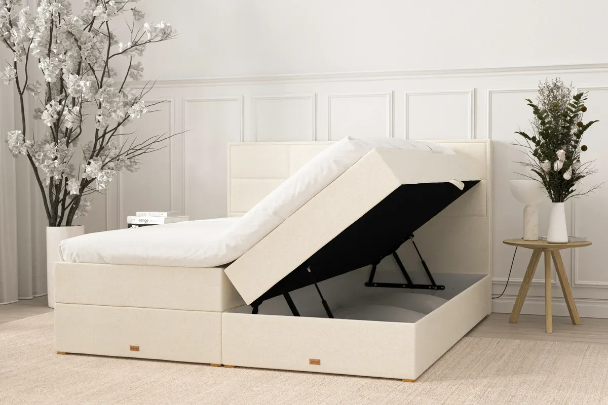 SÖVNN Nova Boxseng Med Opbevaring - 180x200 - Lys beige, med sengegavl, topmadras, rullemadras & 2 stk. hovedpuder (9384)
