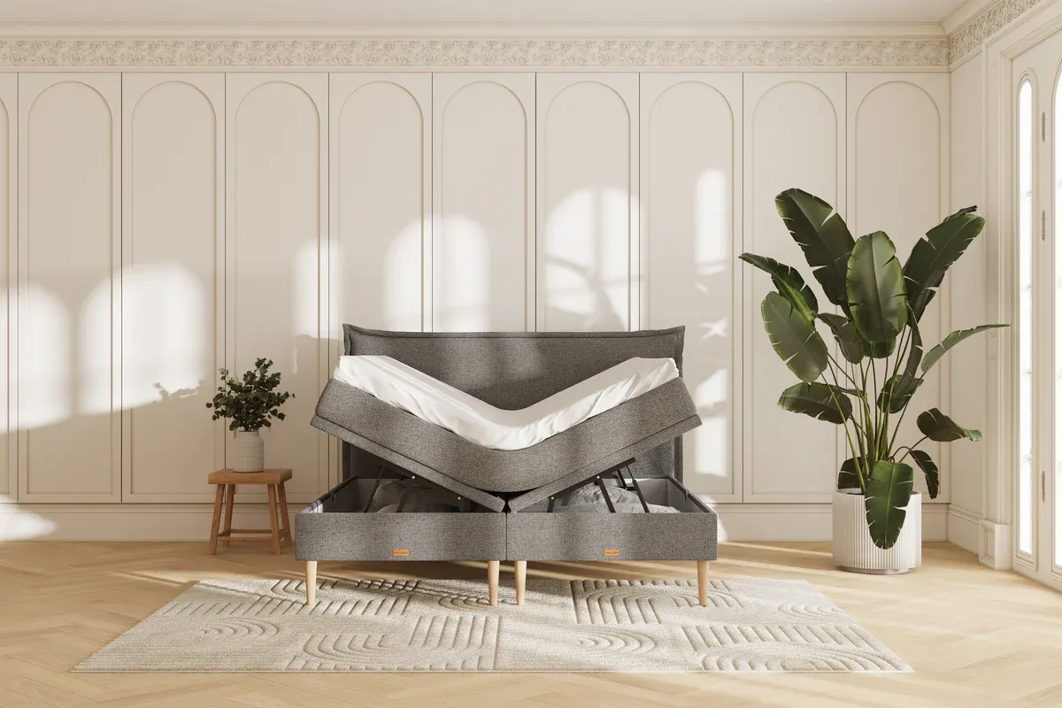 2 stk. Senge - Noor Opbevaringsseng - 180x200 – beige & Noor Opbevaringsseng - 160x200 – grey, samt 4 puder & 2 x sengesæt (7615)