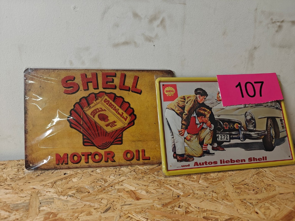 2 Metalskilte med Shellreklame. Ubrugte og i emballage.