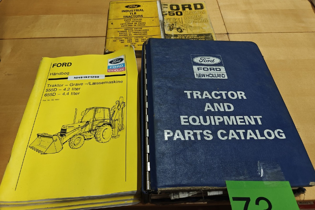 Ford: Håndbog til Ford traktor-, grave-/læssemaskine og reservedelskataloger til Ford traktorer: bl.a Tractor and equipment parts catalog. 