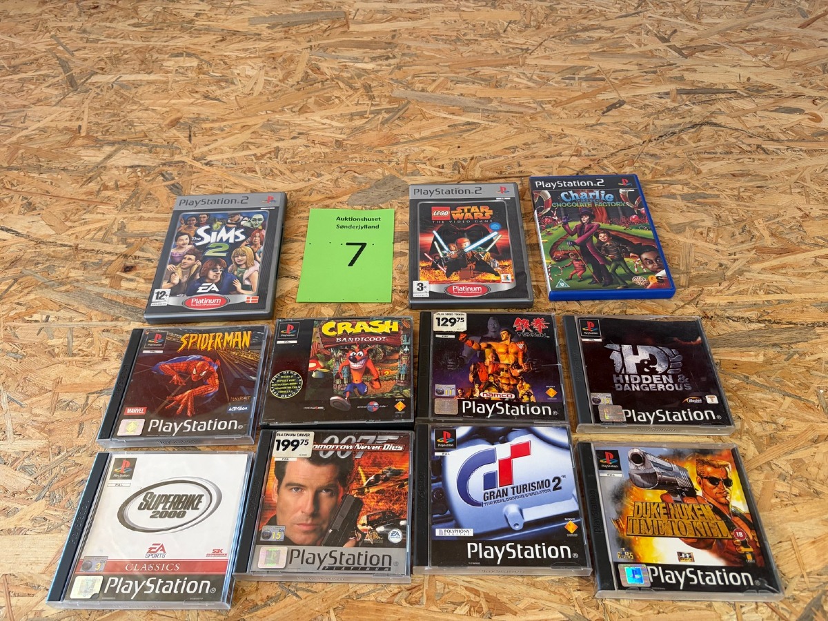 Samling af PlayStation 1- og PlayStation 2-spil – bl.a. Crash Bandicoot, Spider-Man og Duke Nukem