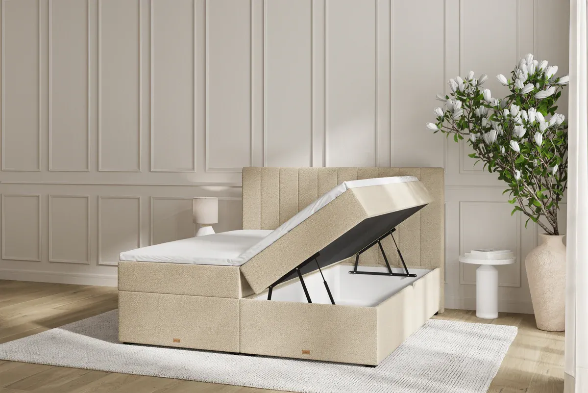 SÖVNN Ronja Boxseng Med Opbevaring - 180x200 - Lys beige, med topmadras, rullemadras & 2 stk. hovedpuder (9596)