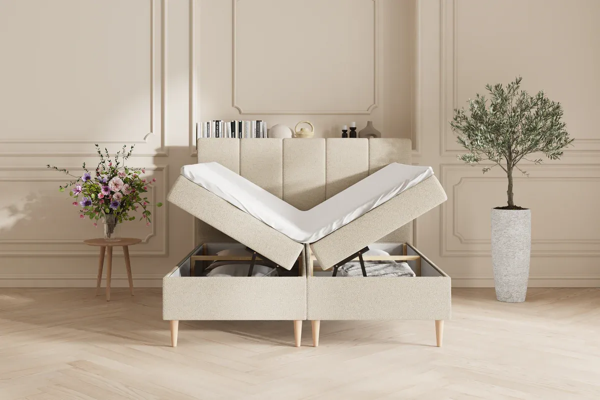 Leda opbevaringsseng - 180x200 - Lys beige, med gavl (9649)