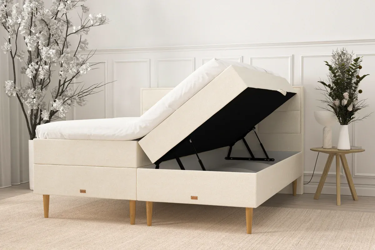 SÖVNN Klara Boxseng Med Opbevaring - 160x200 - Lys beige, med 8 stk. sengeben (9334)
