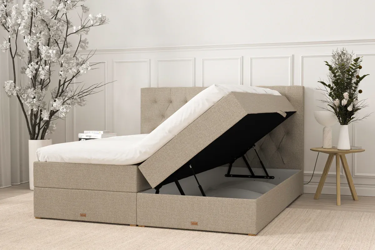 SÖVNN Freya Boxseng Med Opbevaring - 160x200 – Sand, med topmadras (8978)