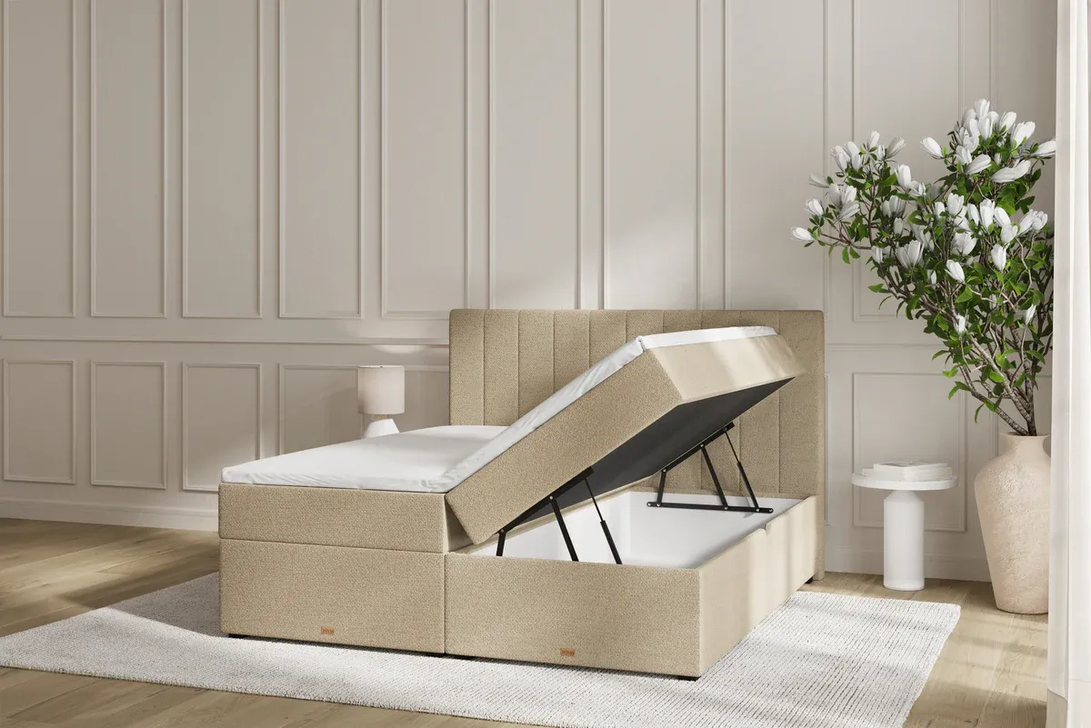 SÖVNN Ronja Boxseng Med Opbevaring - 140x200 – Sand, med comfort topmadras & sengegavl (7904)