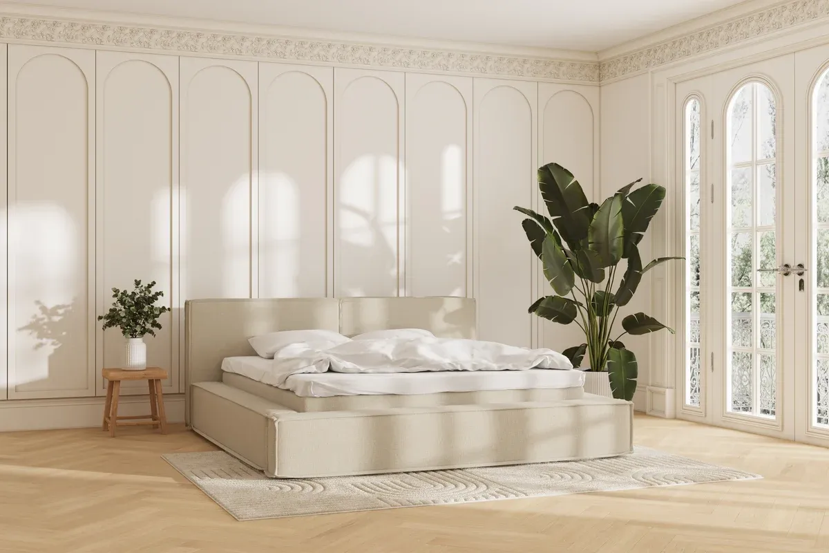 Oria sengeramme - 180x200 – beige, med topmadras (9616)