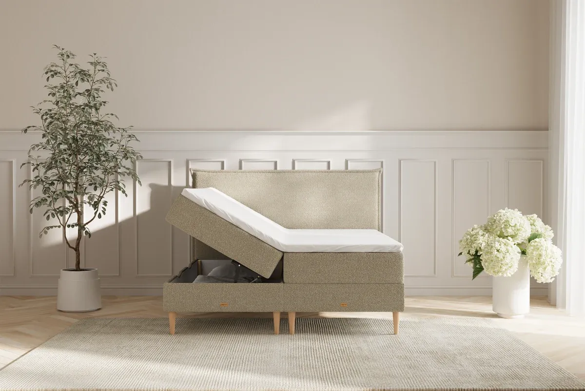 Zara Boxseng Med Opbevaring - 180x200 - Bouclé Beige samt sengegavl (9615)