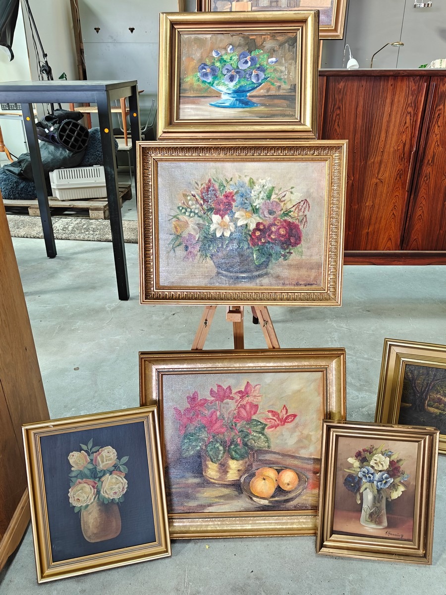 5 malerier med blomstermotiv