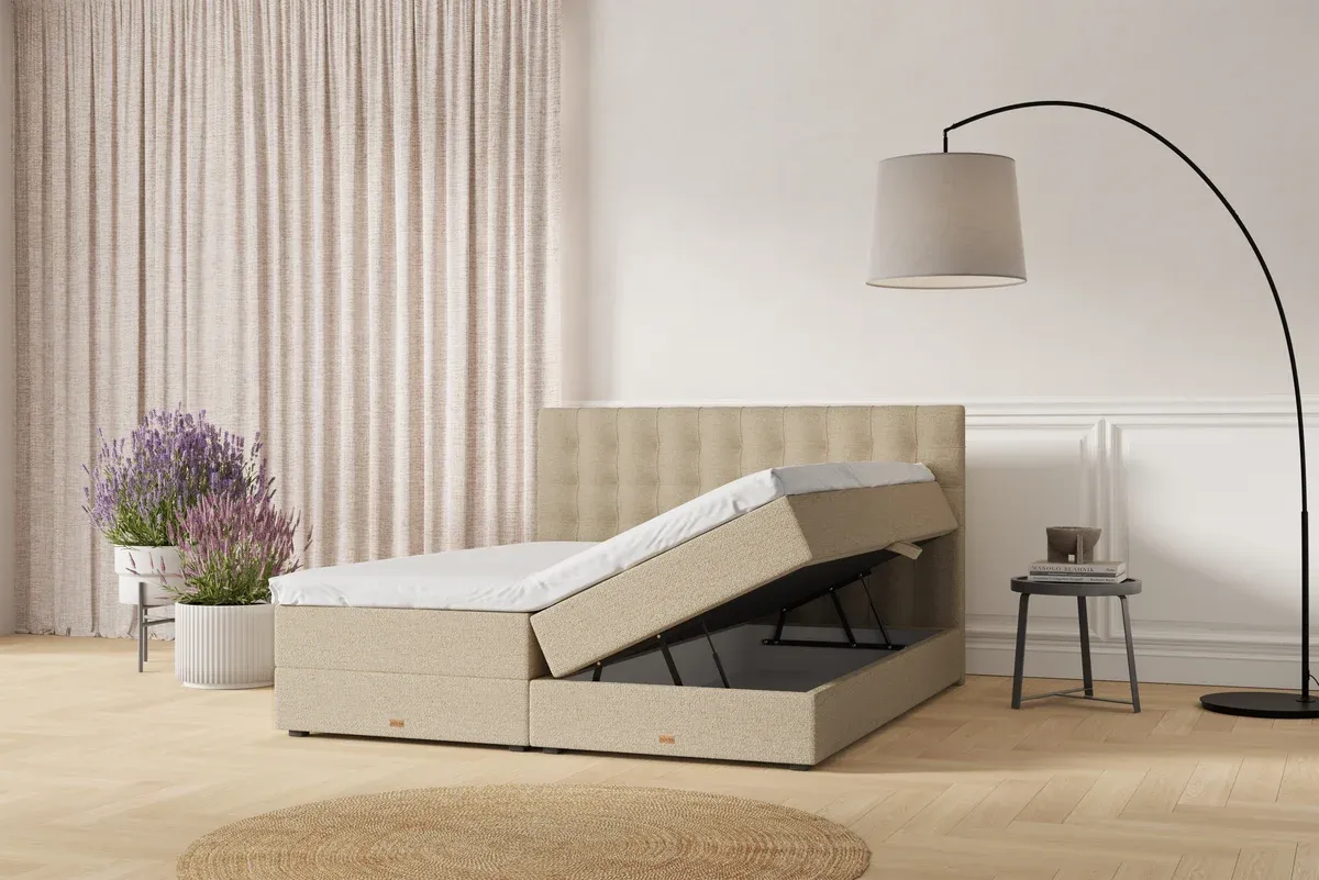 SÖVNN Xtra Boxseng Med Opbevaring - 180x200 – Sand, med topmadras (9182)