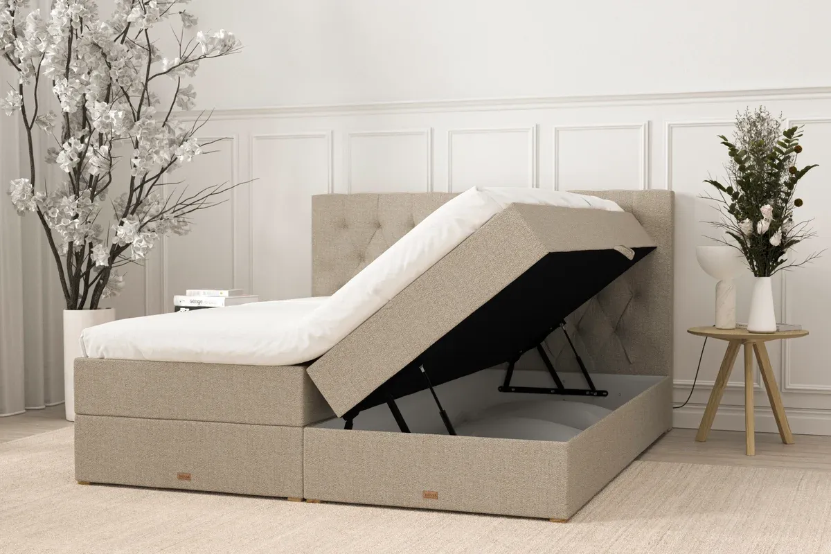 SÖVNN Nova Boxseng Med Opbevaring - 180x200 – Sand, med gavl & topmadras (9641)