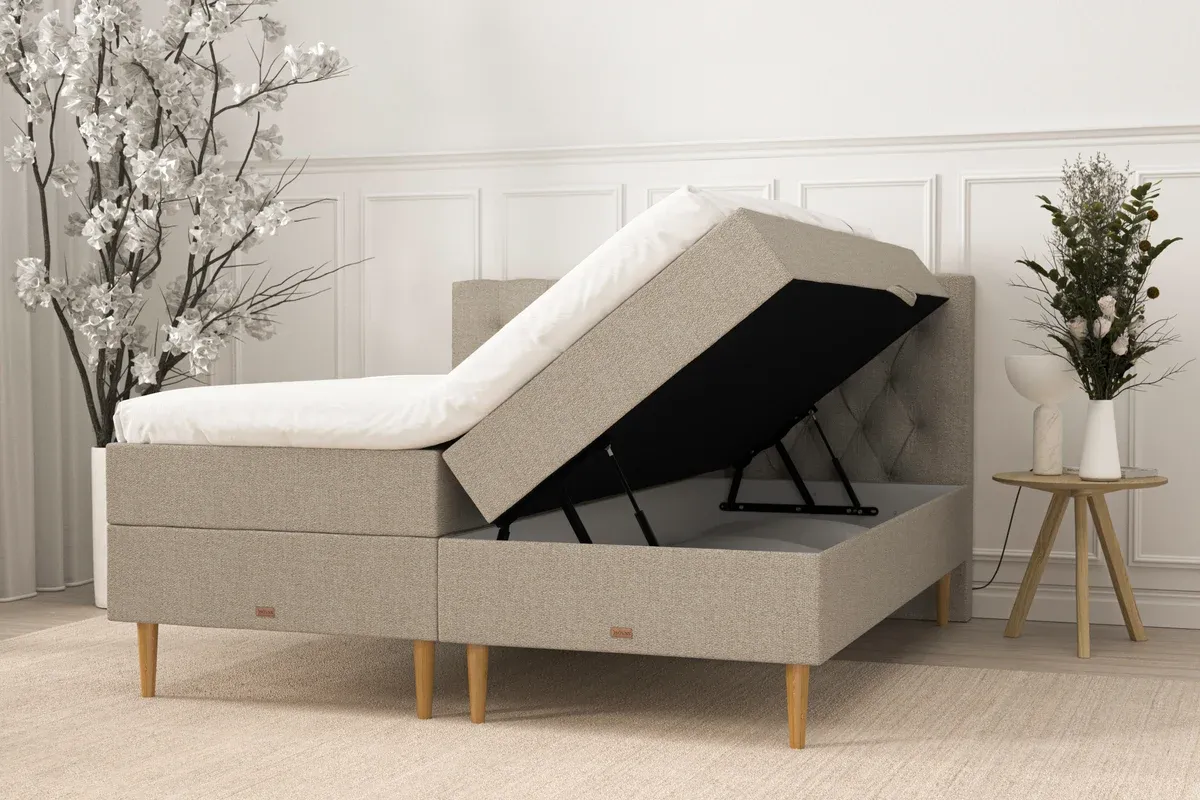 SÖVNN Klara Boxseng Med Opbevaring - 210x210 – Sand med topmadras (8764)