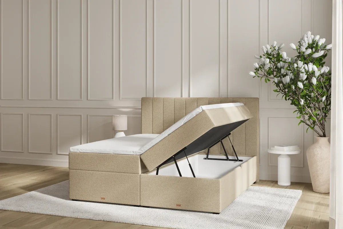 SÖVNN Ronja Boxseng Med Opbevaring - 180x200 – Sand med gavl & topmadras (9328)