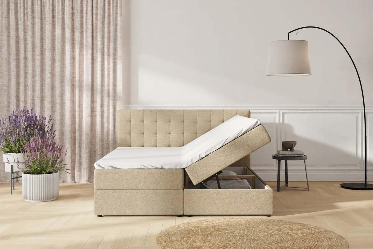 Eva Boxseng Med Opbevaring - 180x200 – Sand med topmadras & gavl (10009)