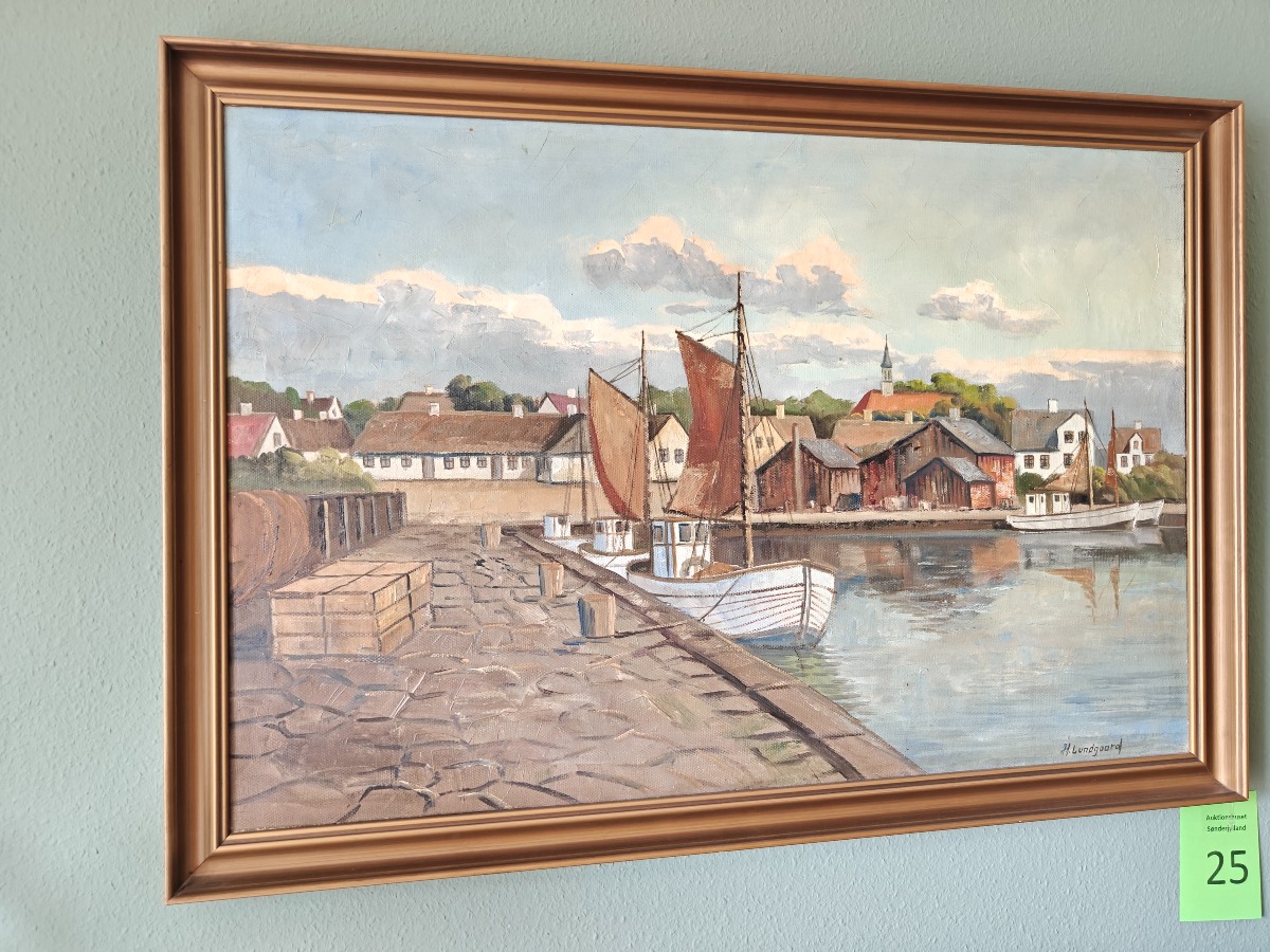 Maleri med havn og fiskerkuttere