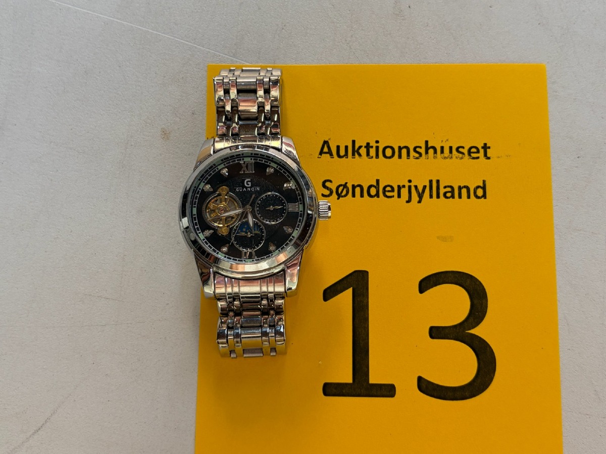 Guanqin mekanisk armbåndsur – sort skive med synligt urværk og månefase