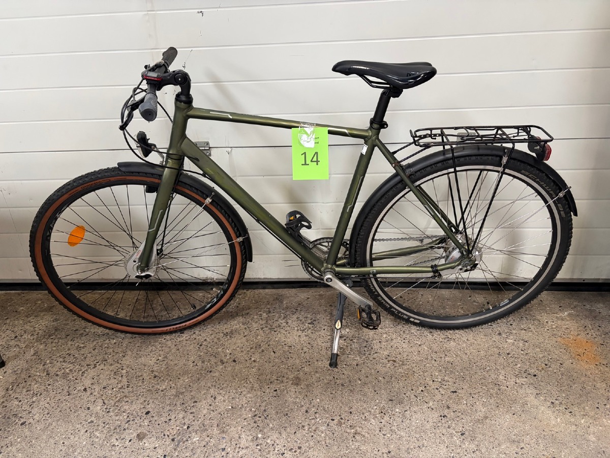 Centurion herrecykel i olivengrøn – 7 gear, Shimano Nexus, bagagebærer, skærme og støtteben