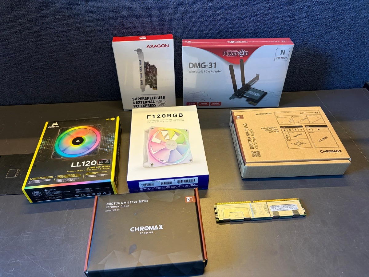 Parti PC-tilbehør – Corsair og NZXT RGB-blæsere, Noctua monteringssæt, PCIe-kort og RAM