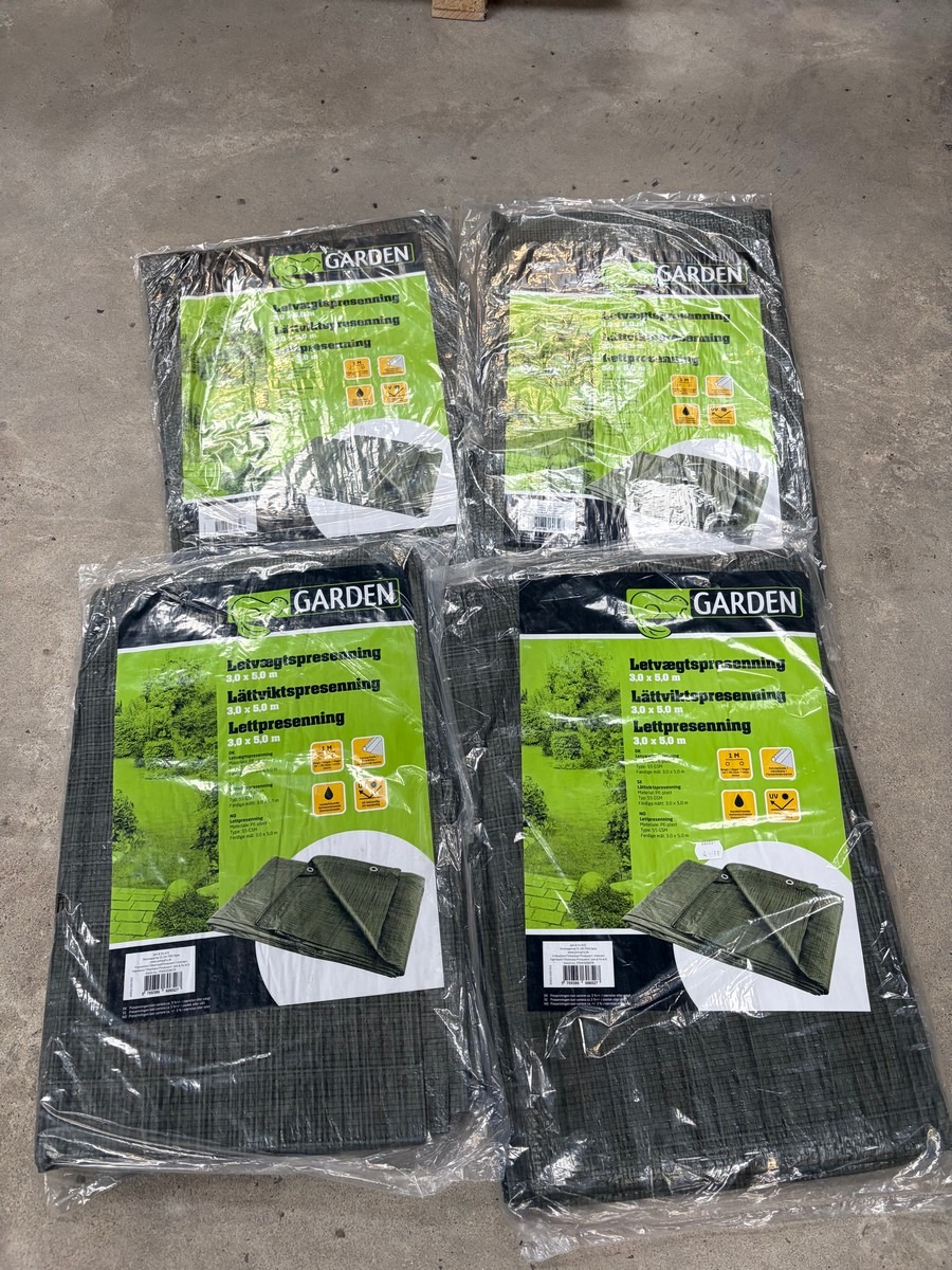 4 stk. Garden letvægtspresenninger – 3 x 5 meter, 55 g/m². Ubrugt