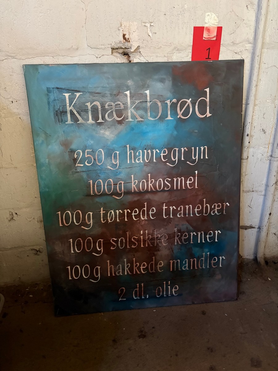 Stort dekorativt skilt med opskrift på knækbrød – blå/grønne nuancer- 80 x 100 cm