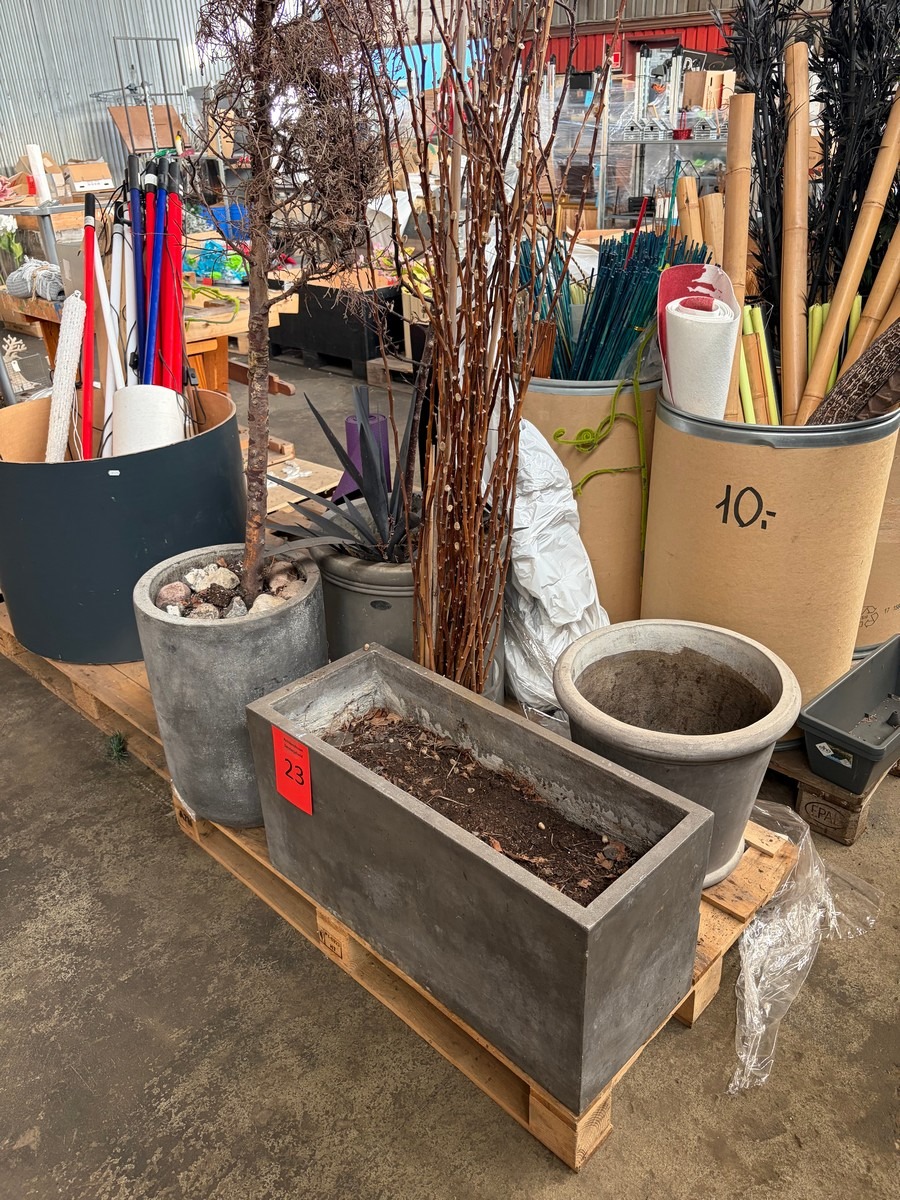 Parti store plantekrukker og plantekasser i grå betonlook – med planter og dekorationsgrene